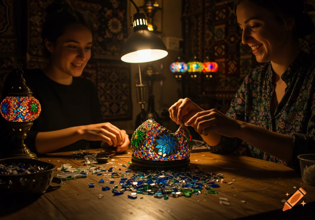 Two people making colorful mosaic Turkish lamps at a wooden table, surrounded by glass pieces. Photorealistic.