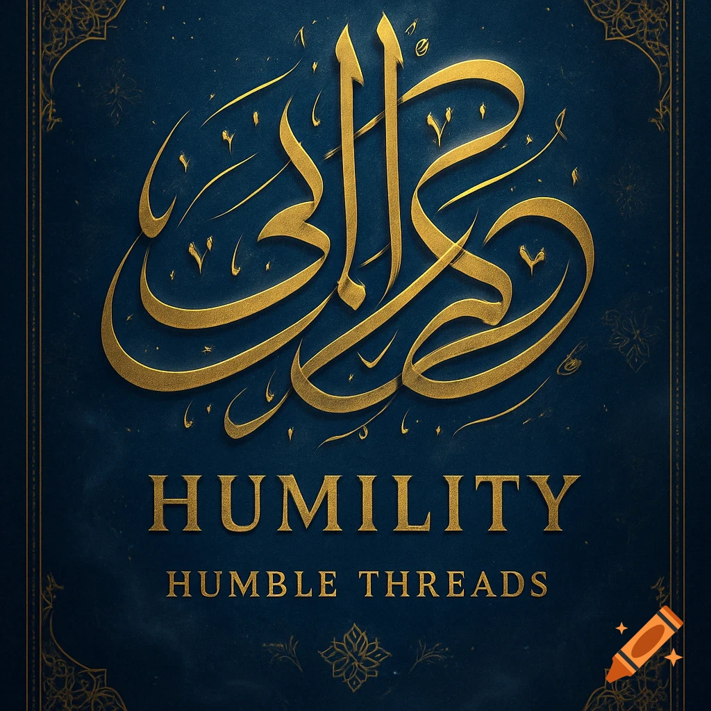 Golden Arabic calligraphy above 'HUMILITY' and 'HUMBLE THREADS' on a deep blue background with ornate borders.