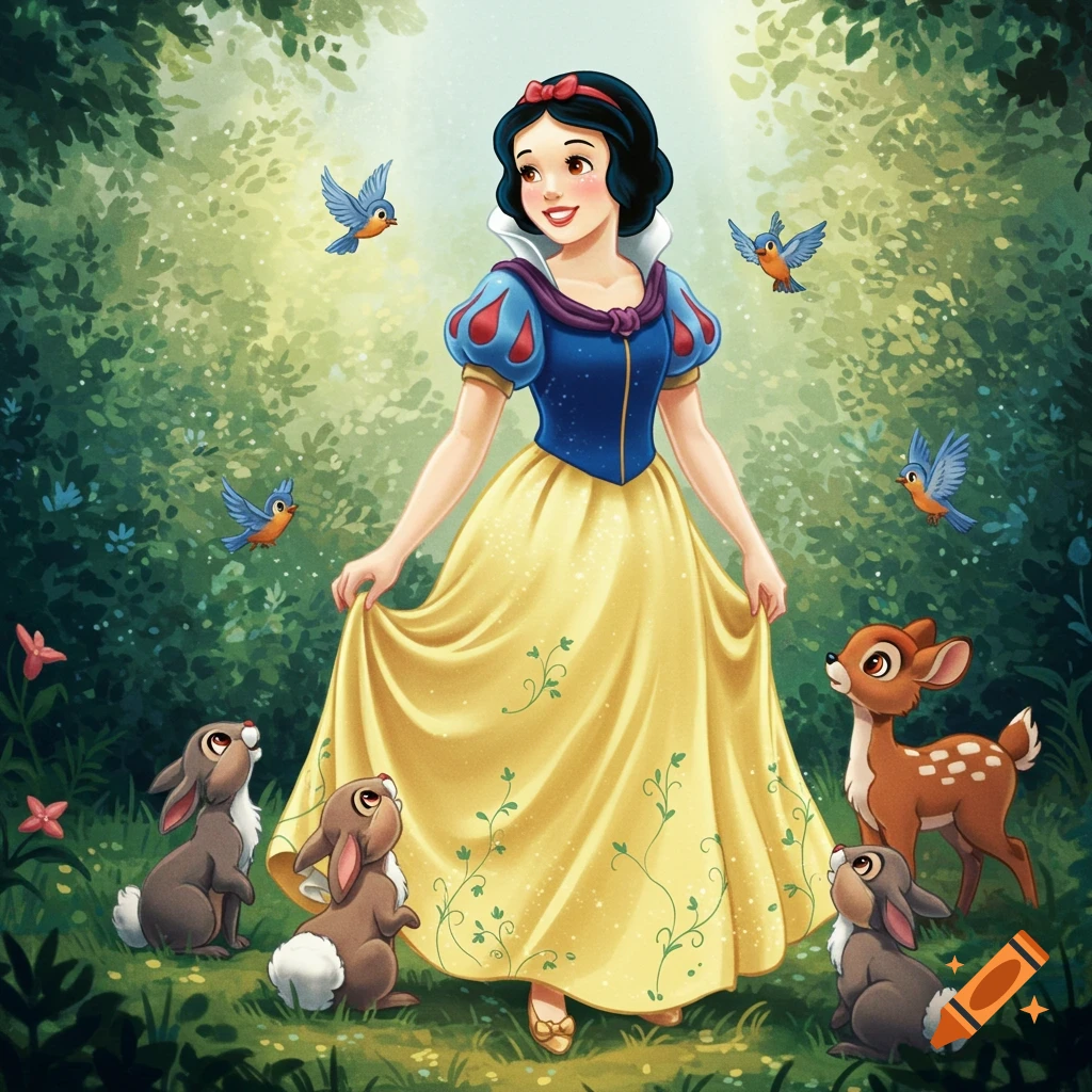 Snow White in her classic dress smiles in a sun-dappled forest clearing, surrounded by a deer, rabbits, and birds, in an illustration style.