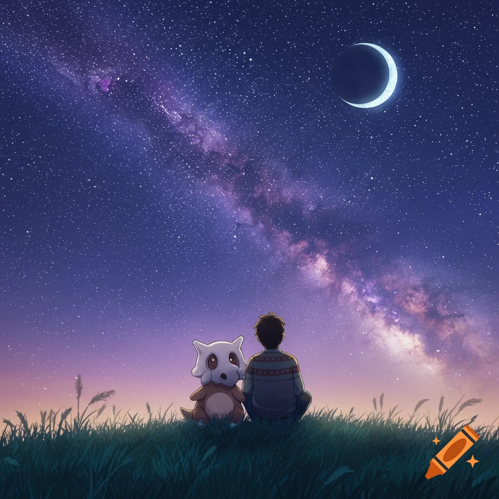 A person and the Pokémon Cubone sit on a grassy hill, looking up at a starry night sky with the Milky Way and a crescent moon.