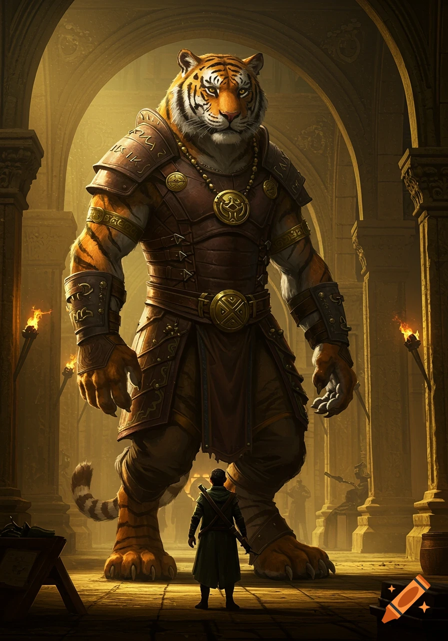 A small human stands before a massive, armored bipedal tiger in an ancient, arched hall. Fantasy style.