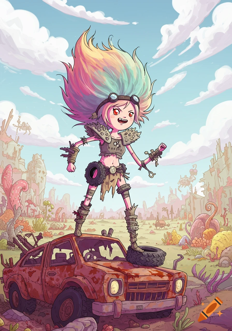 A rainbow-haired cartoon girl in post-apocalyptic gear stands on a rusty car in a whimsical wasteland, Adventure Time style.