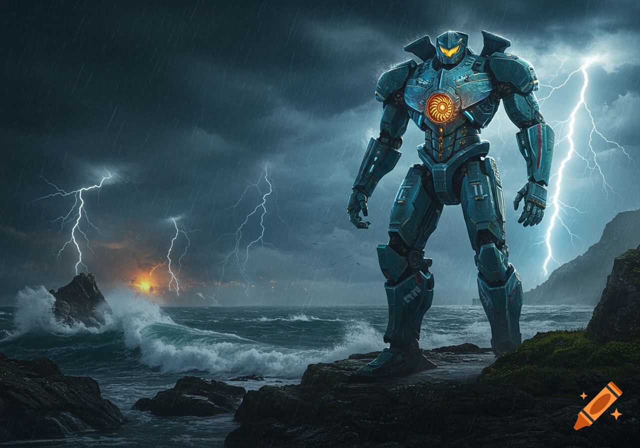 A photorealistic image of a large, blue-green robot (Jaeger) standing on a rocky coast during a stormy night with lightning and crashing waves.