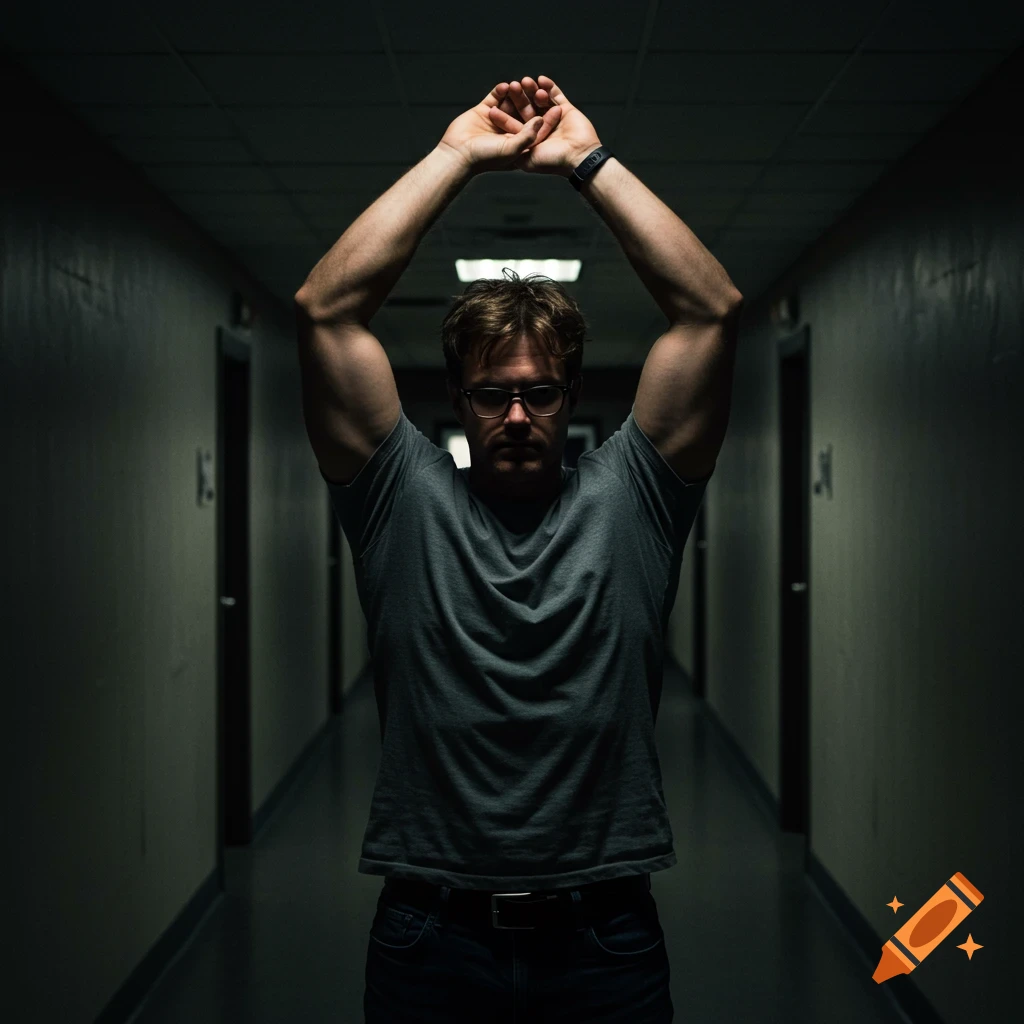 Photorealistic image of a muscular man with glasses and stubble, arms raised, standing in a dimly lit hallway, conveying isolation.