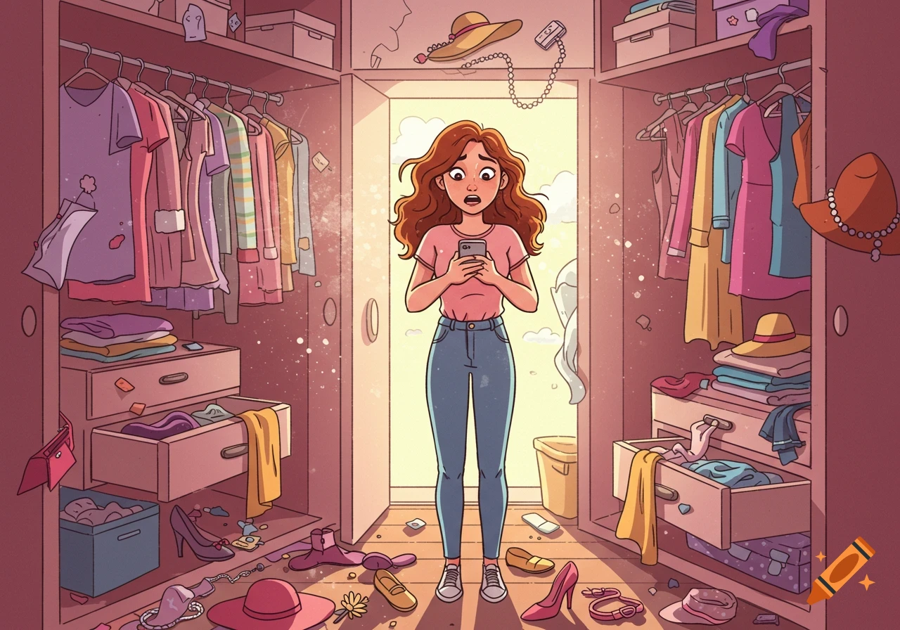 Cartoon illustration of a woman looking at her phone, standing in an extremely disorganized closet with clothes and items strewn about.