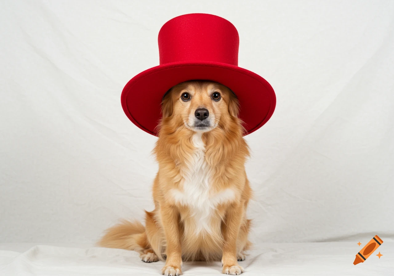 A light brown dog wearing a red top hat sitting against a white background.
