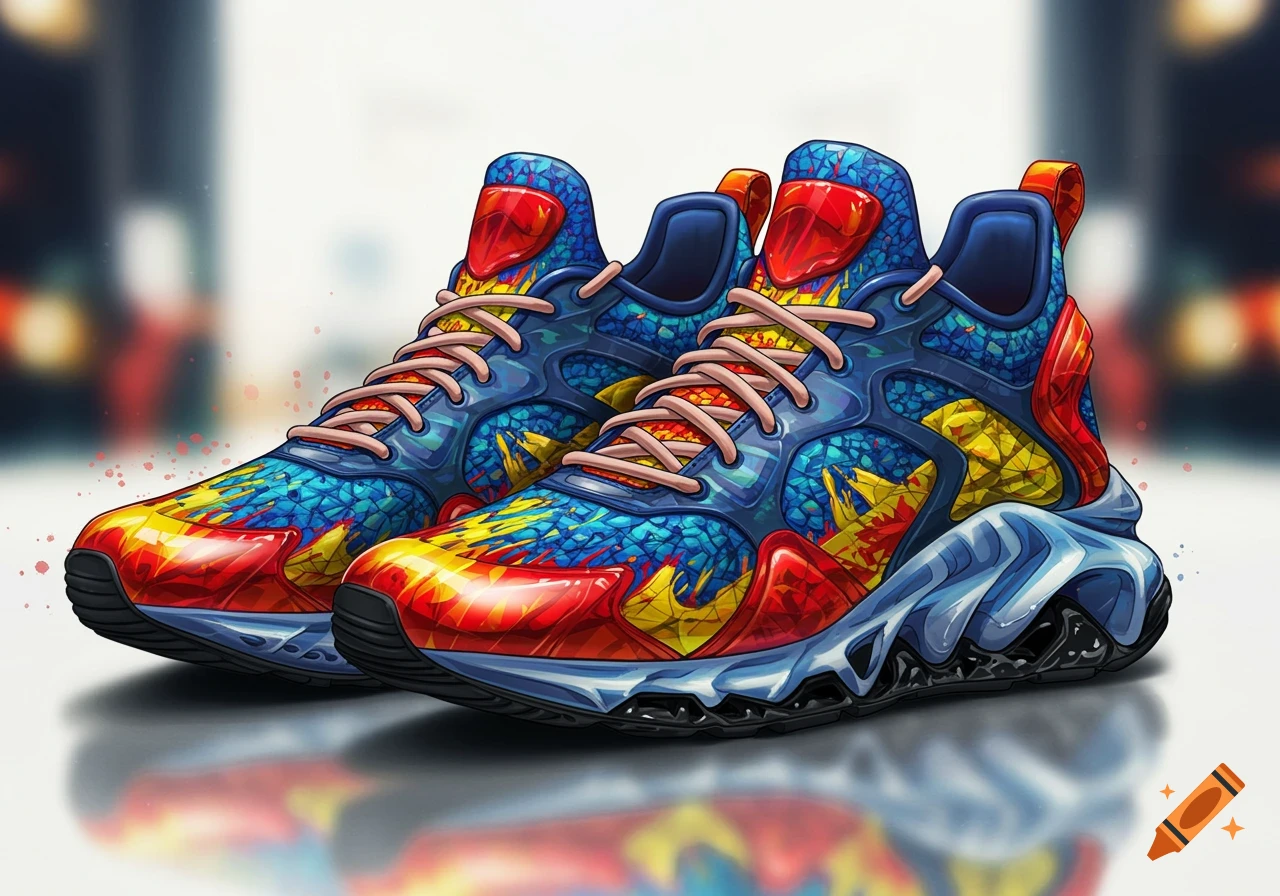 A pair of vibrant, highly stylized sneakers with blue, red, yellow, and orange patterns, on a white surface with a blurred background.