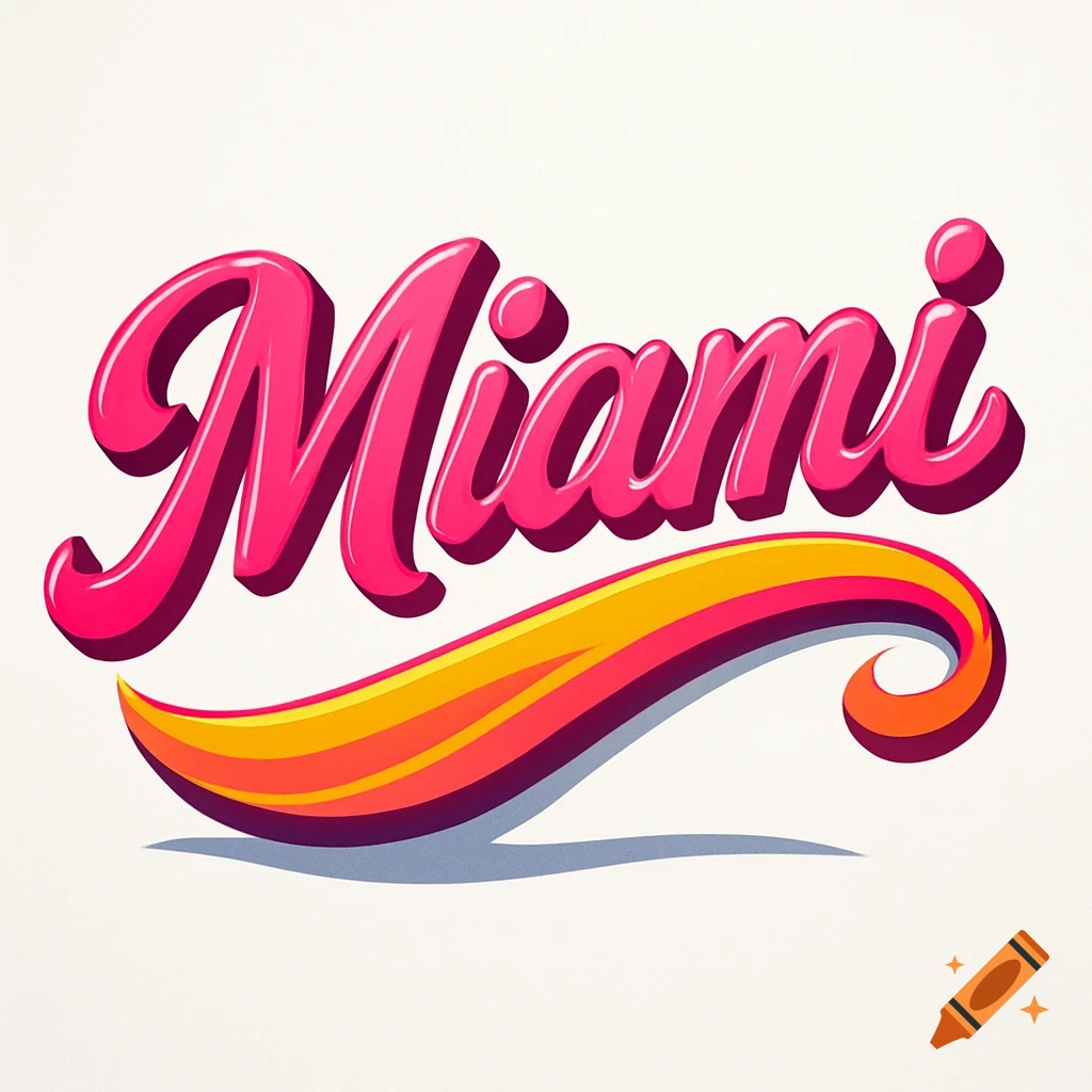 Stylized hot pink 'Miami' text with a yellow and orange stripe underneath, against a white background.