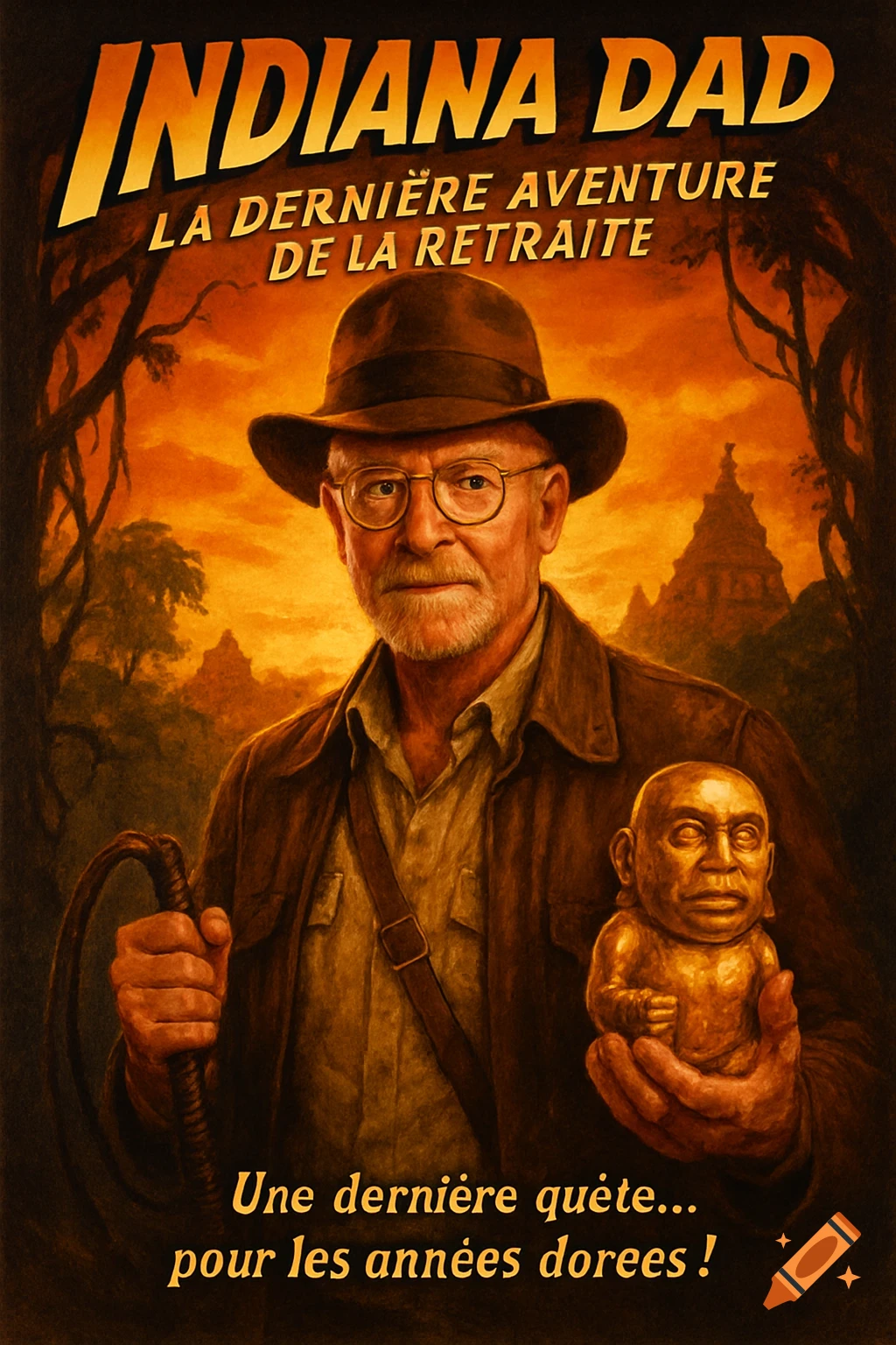 Vintage movie poster for 'INDIANA DAD' showing an older man in a fedora with a whip and golden idol, against a jungle sunset.
