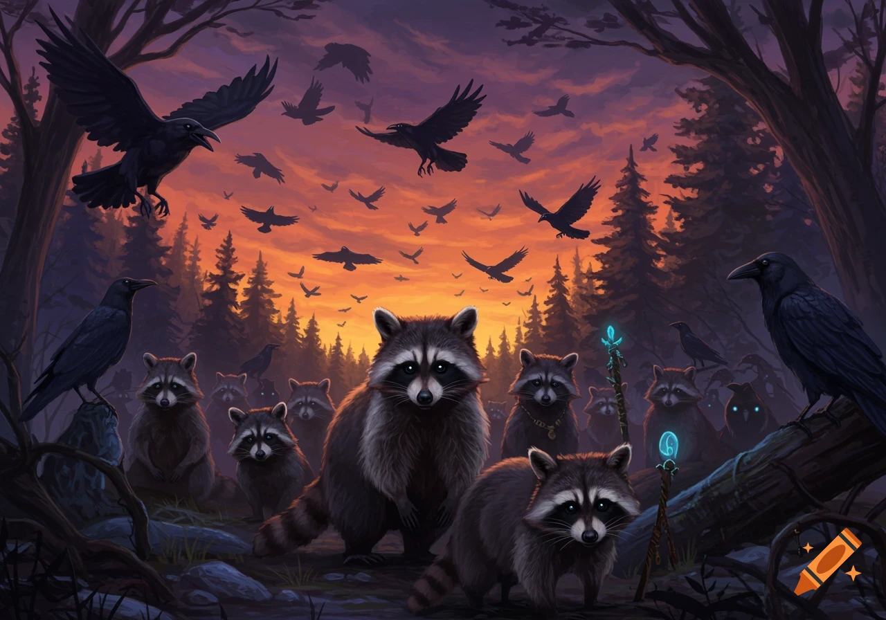 Digital painting of a gathering of raccoons and crows in a dark forest at sunset, some raccoons holding glowing magical staffs.