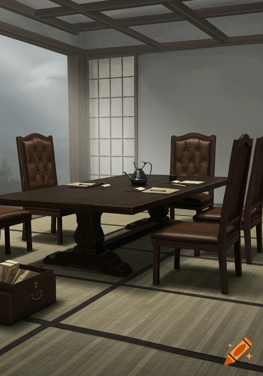 A room featuring a dark wooden dining table and chairs on a tatami mat floor, with pale grey walls and traditional screens.