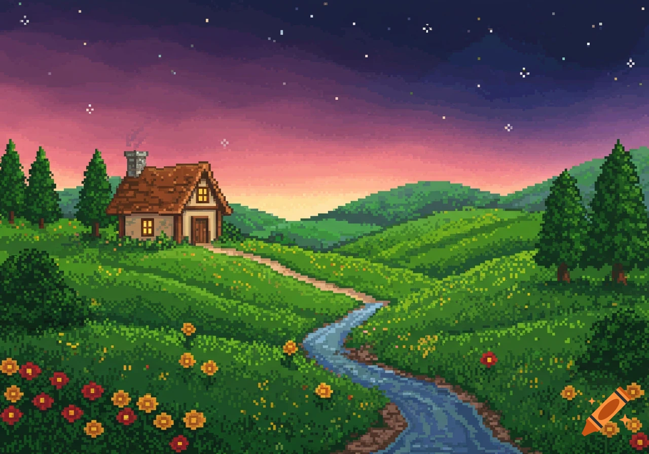 A vibrant pixel art landscape featuring a small house, a winding river, green hills, and a starry sky at dusk.