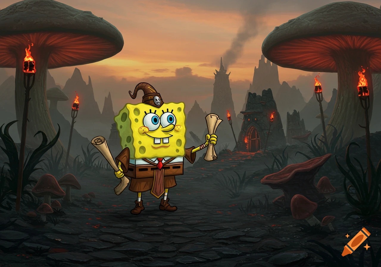 Spongebob Squarepants dressed as a wizard, holding scrolls in a dark fantasy landscape with giant mushrooms and strange structures at sunset.