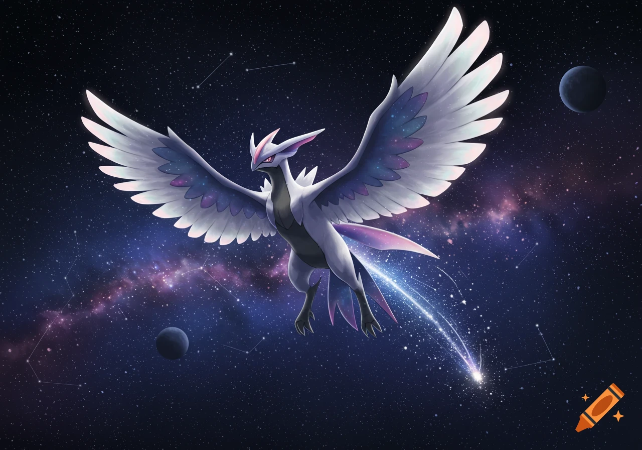 A white and purple winged creature resembling a Pokémon flying through a starry, nebular space with planets.