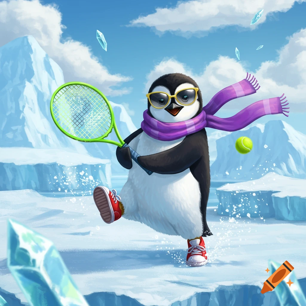 A cartoon penguin wearing sunglasses, a purple scarf, and red shoes plays tennis in a snowy, icy landscape with icebergs.