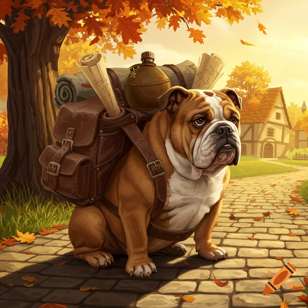 A bulldog wearing a large brown backpack walks on a stone path amidst autumn leaves, with a village in the background.