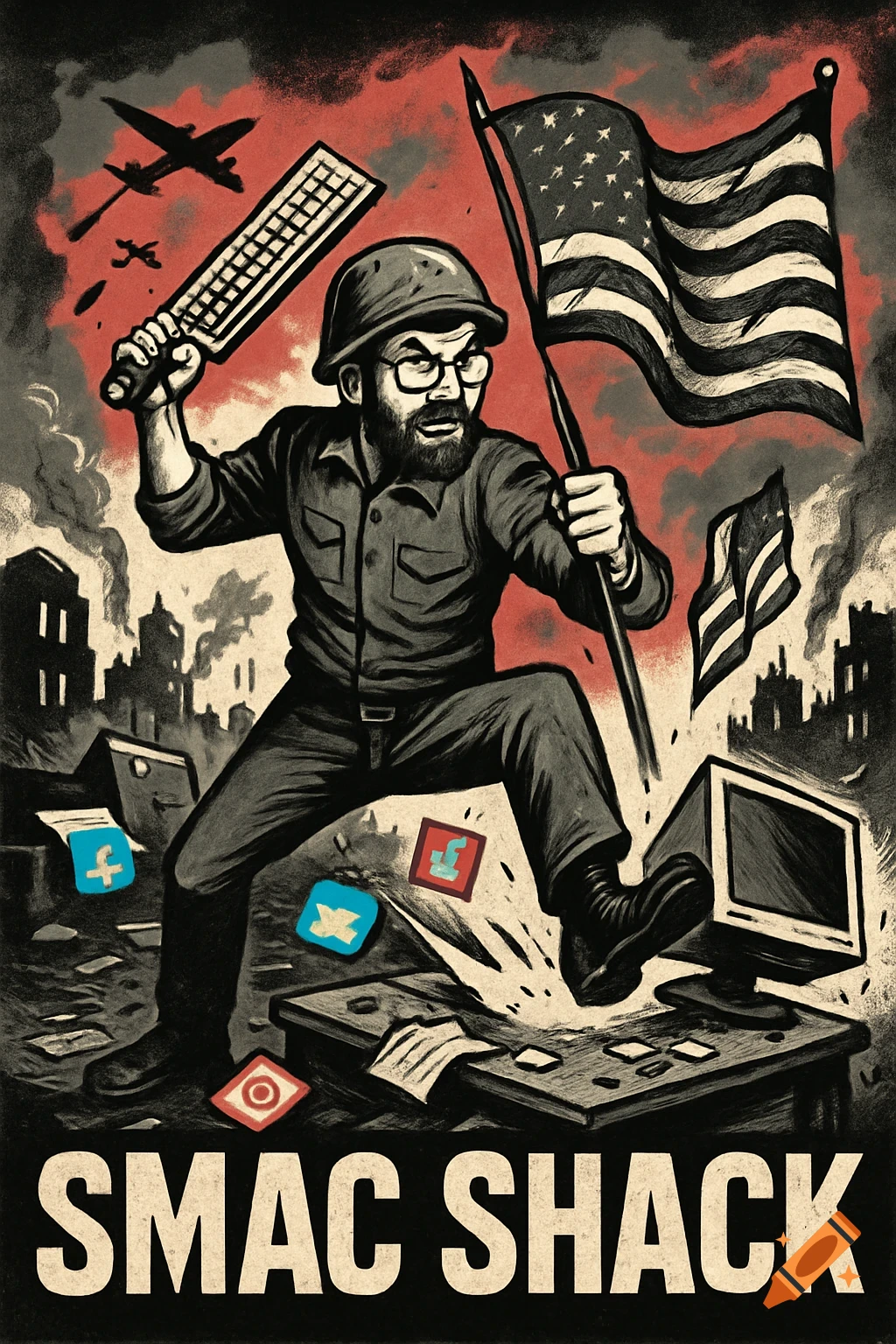 Graphic novel of a bearded man in an army helmet, holding a keyboard like a rifle and an American flag, kicking a monitor amid social media icons in a war-torn city. Text: SMAC SHACK.