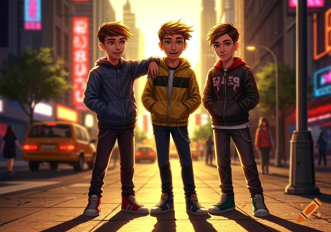 Three anime-style boys stand on a city street at sunset, with bright neon signs in the background.