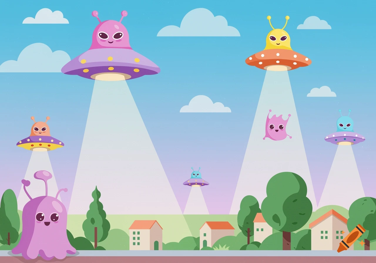 Cartoon alien invasion scene with colorful spaceships and cute aliens hovering over a town with houses and trees.