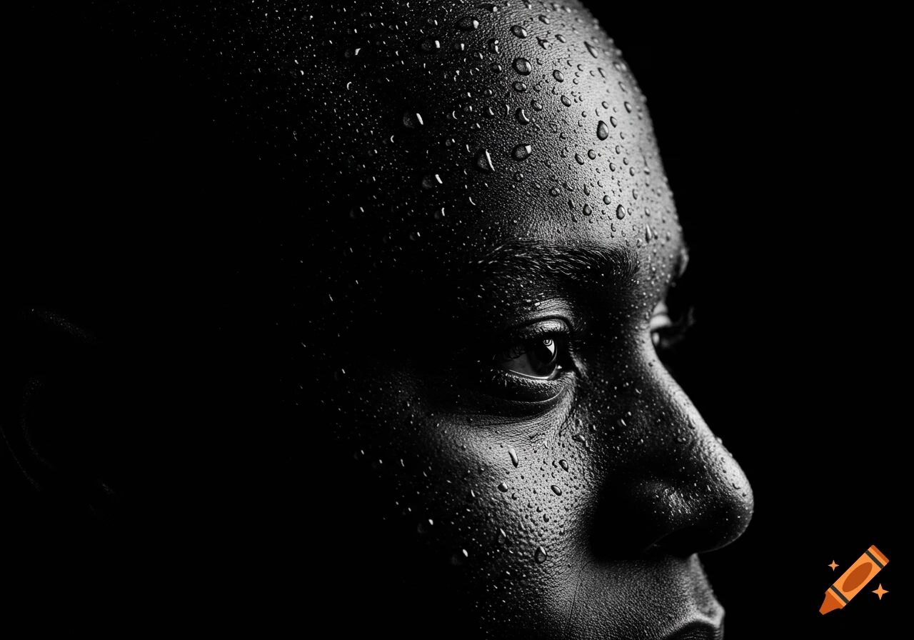 Close-up black and white portrait of a person's face with water droplets on their skin and forehead, dramatically lit.