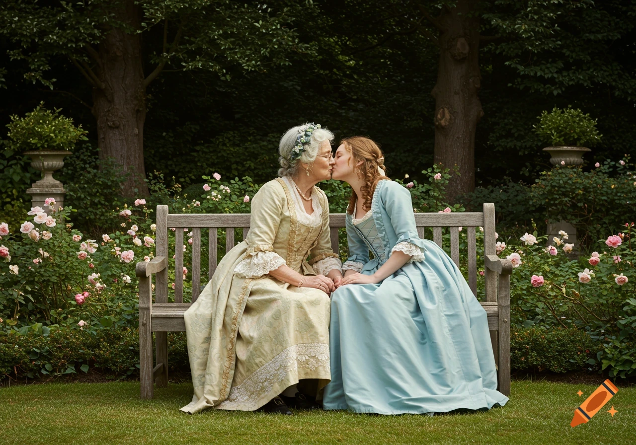 Two women in period dresses kiss on a wooden garden bench surrounded by pink roses, sunny.