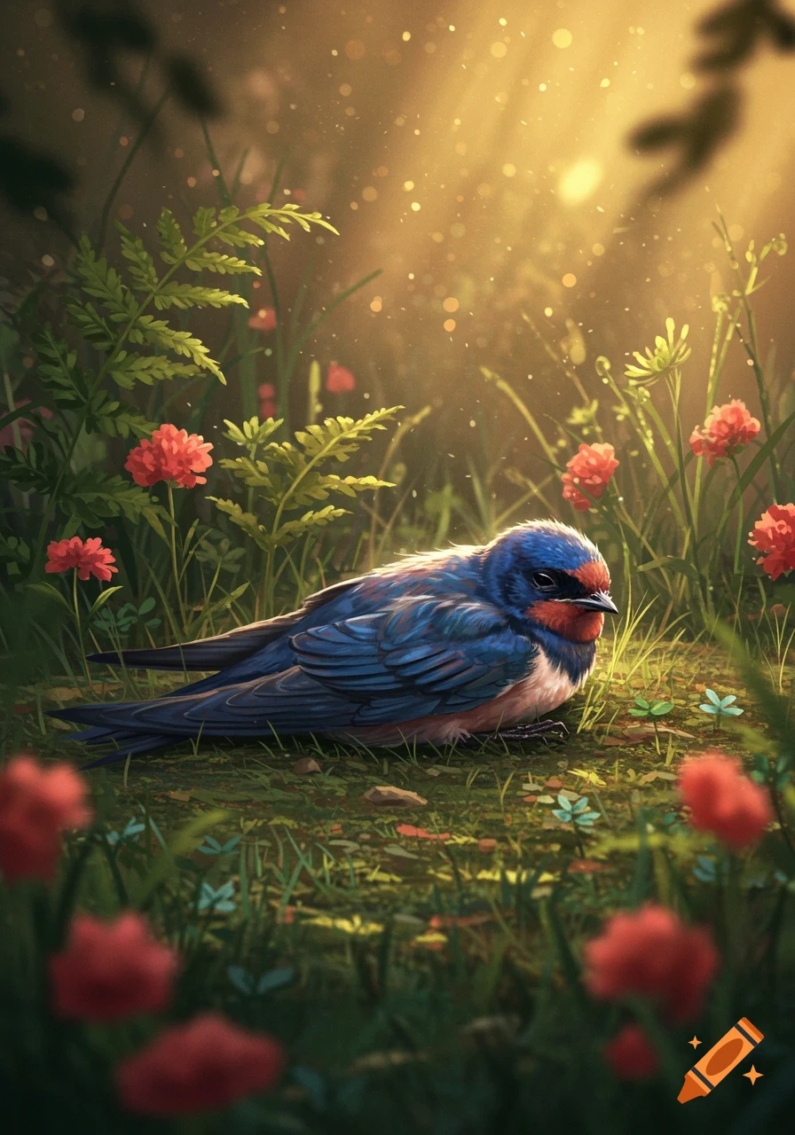 A blue and red swallow bird rests on a grassy forest floor amidst red flowers, bathed in dappled sunlight.