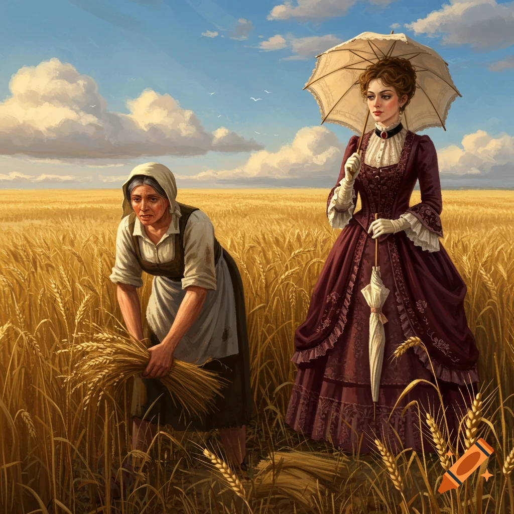 A peasant woman harvests wheat in a golden field while a richly dressed Victorian lady watches with a parasol in this painted scene.