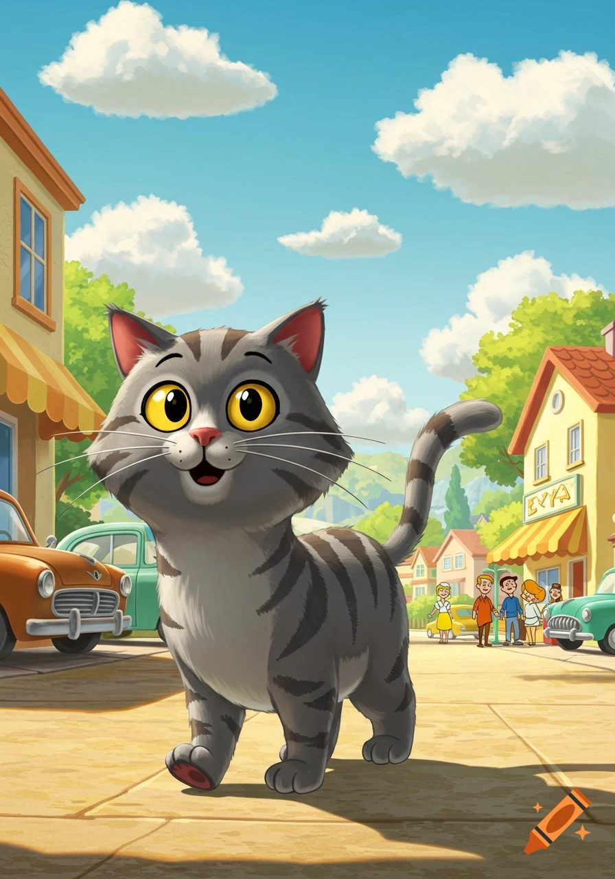 A happy gray tabby cartoon cat with large yellow eyes walks down a sunny street in a colorful town with buildings and cars.