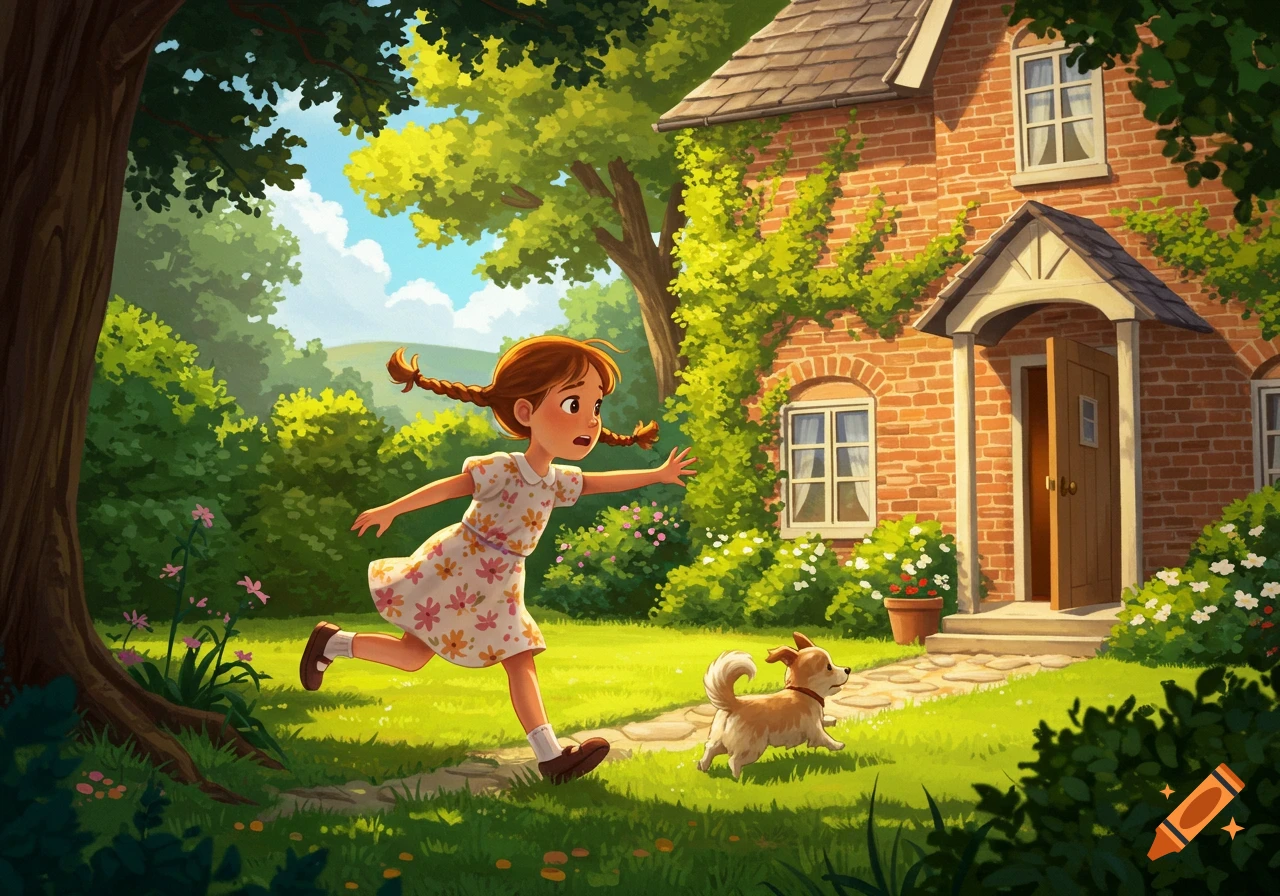 A cartoon girl with pigtails runs through a grassy yard towards a brick house, chasing a small dog.