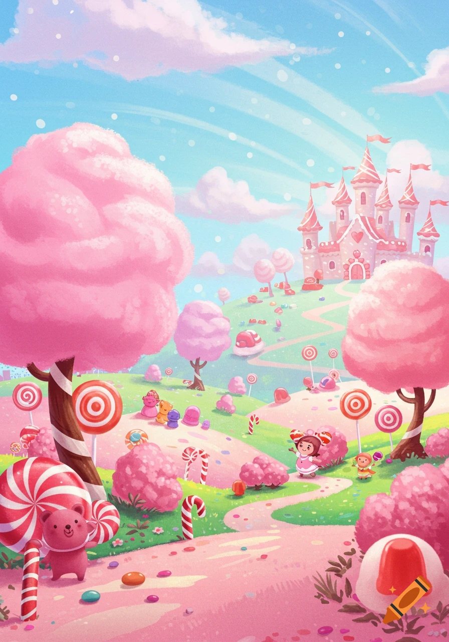 A vibrant cartoon candy land with pink cotton candy trees, giant lollipops, a pink castle, and cute candy creatures.