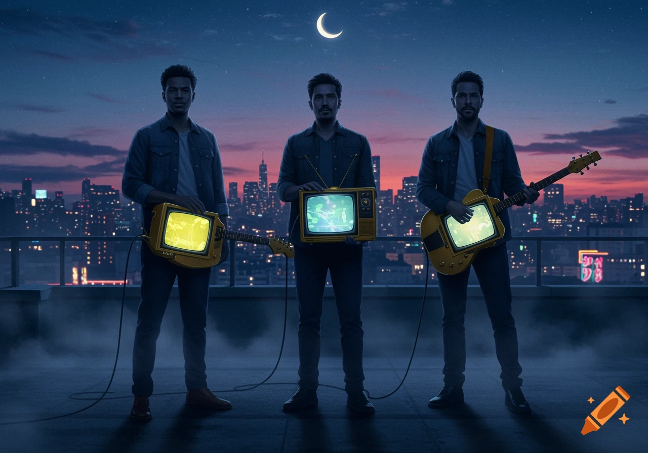 Three men stand on a rooftop at night with a city skyline behind them. The men hold unique instruments: one has a guitar with a TV screen, one holds a TV, and another plays a TV-guitar.
