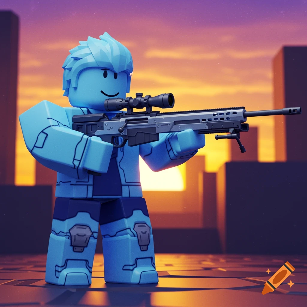 Light blue Roblox character holding a sniper rifle against a sunset city background in 3D digital art style.