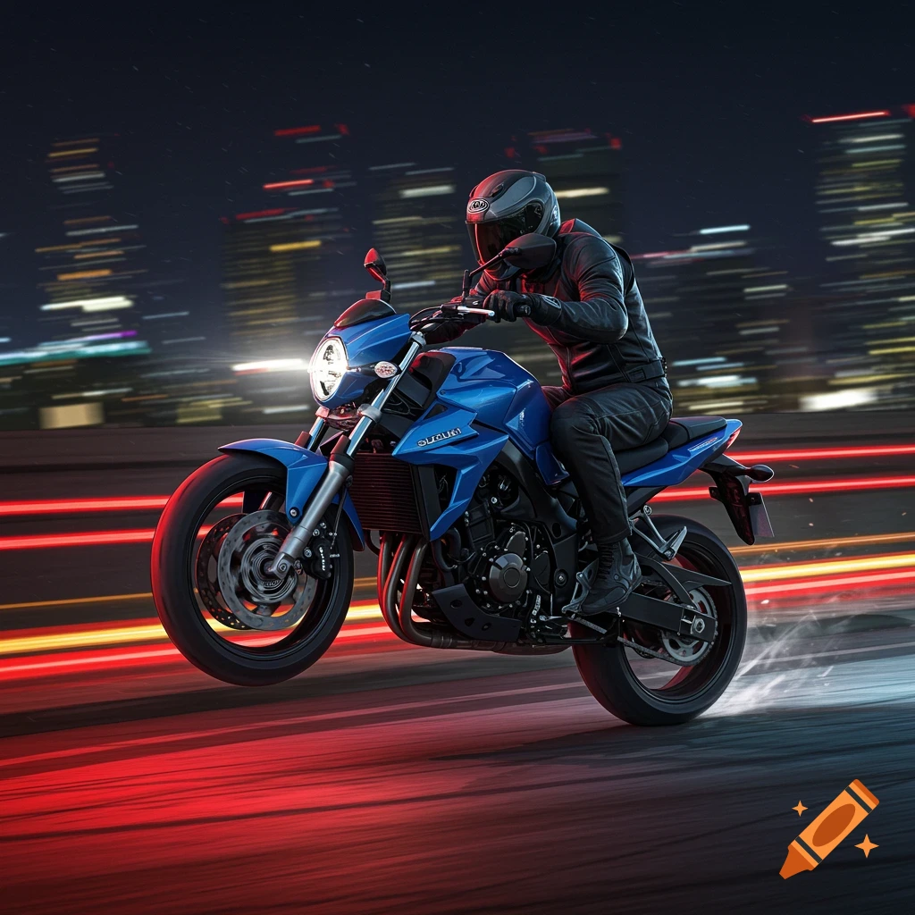 A blue Suzuki motorcycle with a rider in black gear performs a wheelie on a city street at night, with blurred light trails.