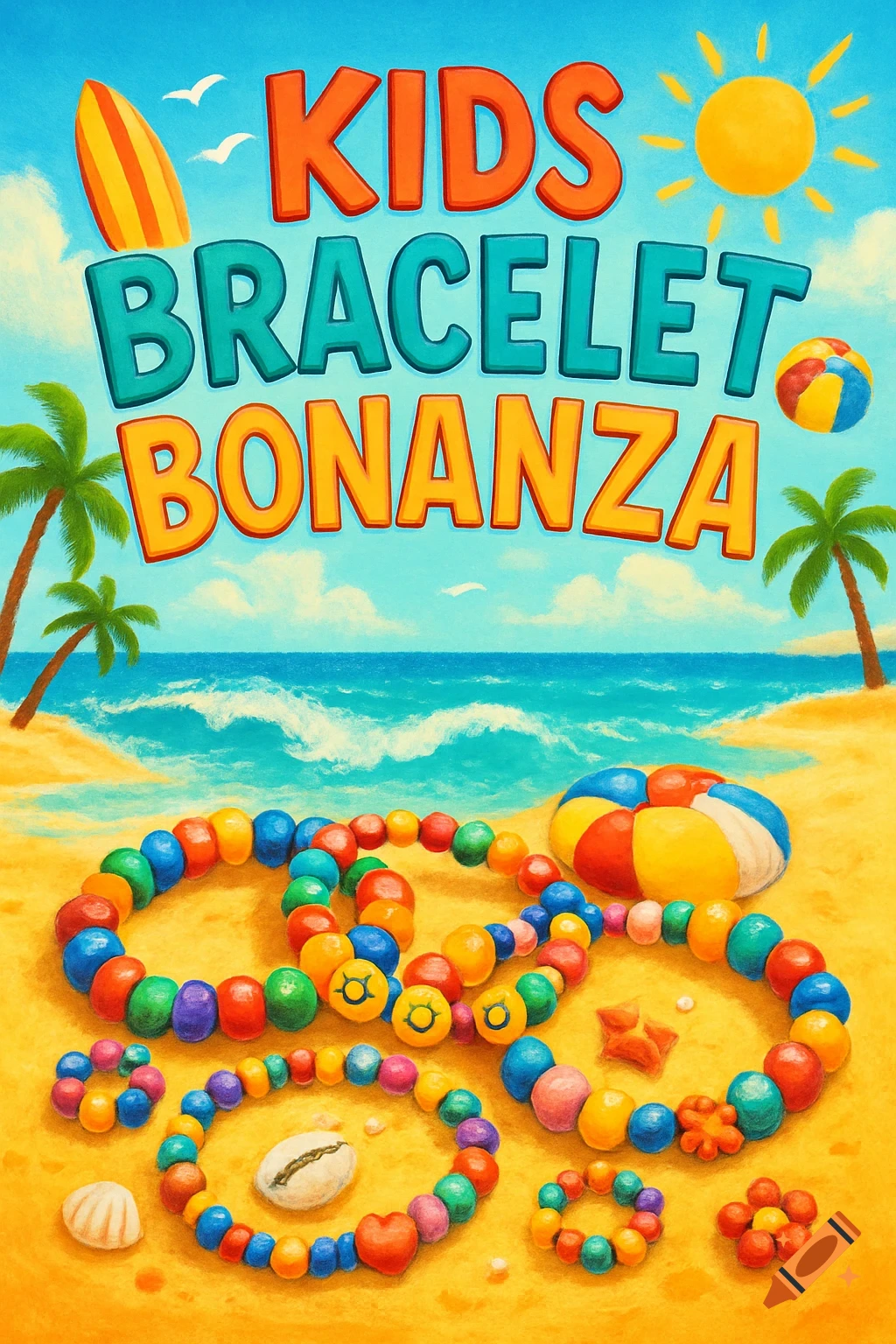 Colorful poster for Kids Bracelet Bonanza featuring beaded bracelets on a sandy beach with palm trees and ocean.