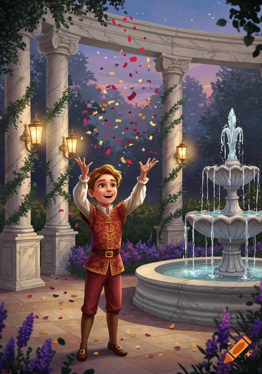 An illustrated boy in prince attire smiles with arms raised as confetti falls in a grand garden with classical columns, a fountain, and purple flowers at dusk.