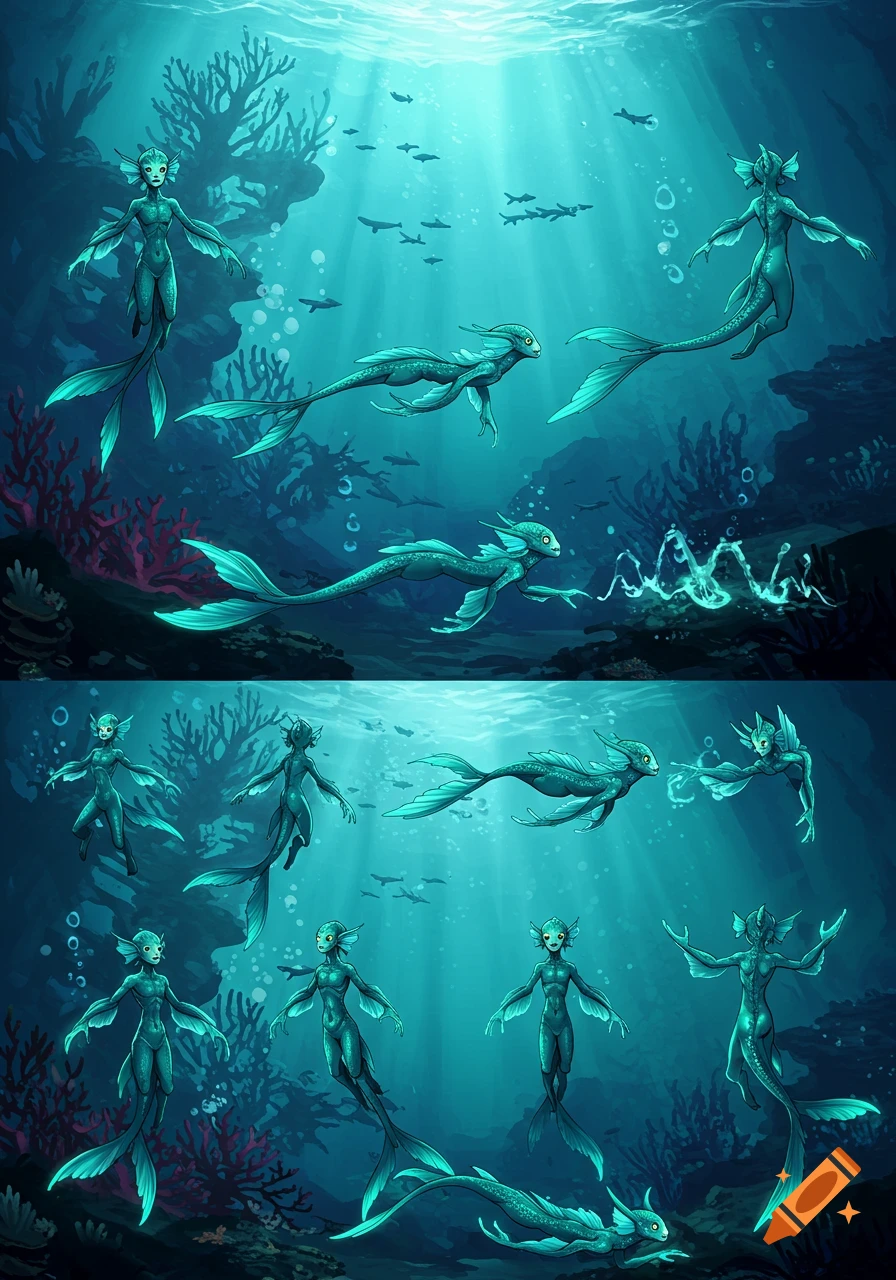 An underwater scene with multiple teal-colored, fish-like humanoid creatures with long tails, swimming among coral and schools of fish. Light rays stream from the surface.