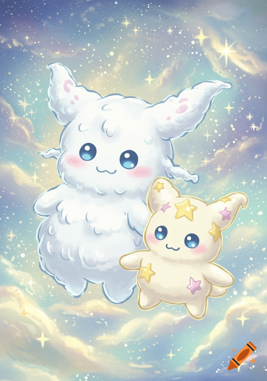 Two cute, fluffy, cartoon creatures, one white and one yellow with stars, float in a pastel starry sky.