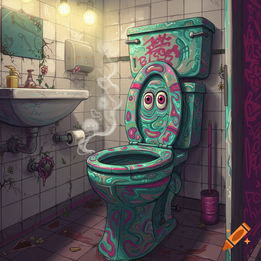 An anthropomorphic toilet with large pink eyes and swirling green and pink patterns stands in a grungy, graffiti-filled bathroom, emitting smoke from its bowl in a cartoon style.