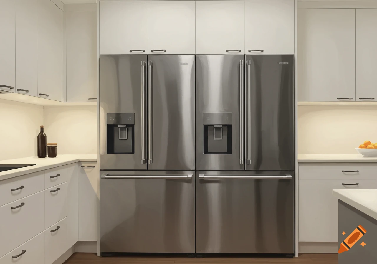 Two stainless steel French door refrigerators side-by-side in a modern kitchen with white cabinetry.
