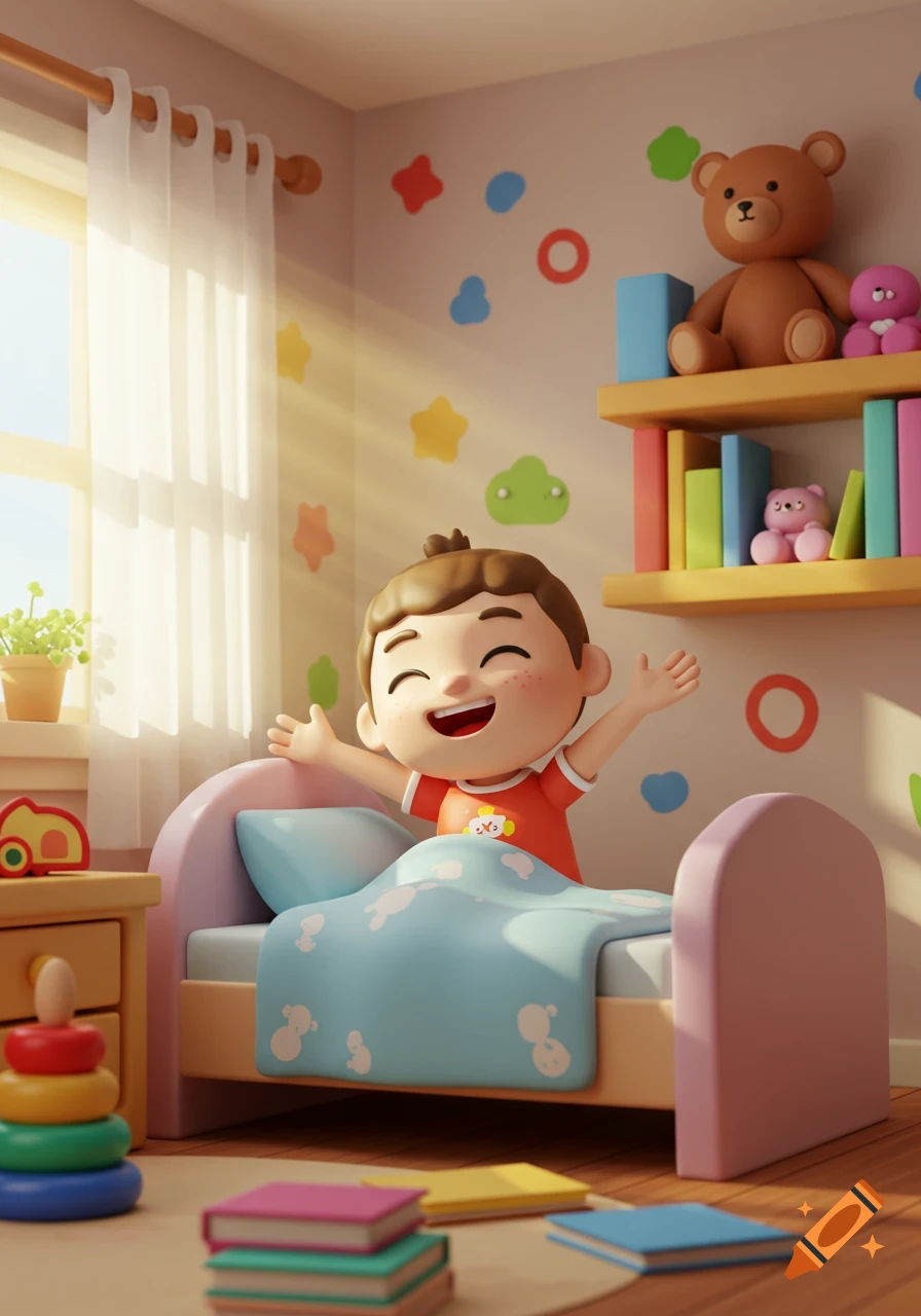 A cheerful preschool child wakes up in a colorful bed, stretching with a big smile in a bright, cozy bedroom with toys and sunshine, in a 3D animated style.