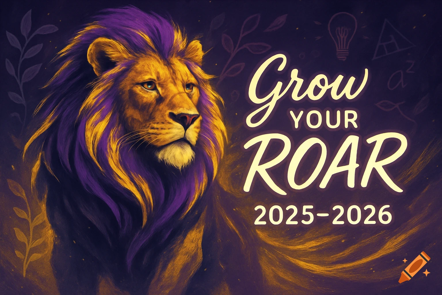 Digital art illustration of a majestic lion with a vibrant purple and yellow mane on a dark, textured background. Text reads "Grow YOUR ROAR 2025-2026".