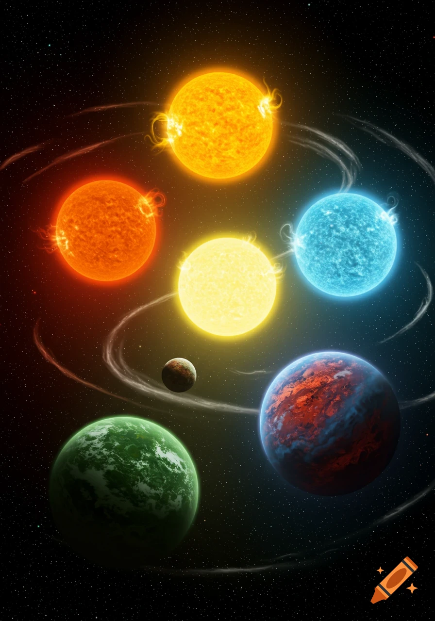A vibrant solar system featuring five stars in various colors and three distinct planets orbiting them against a starfield.