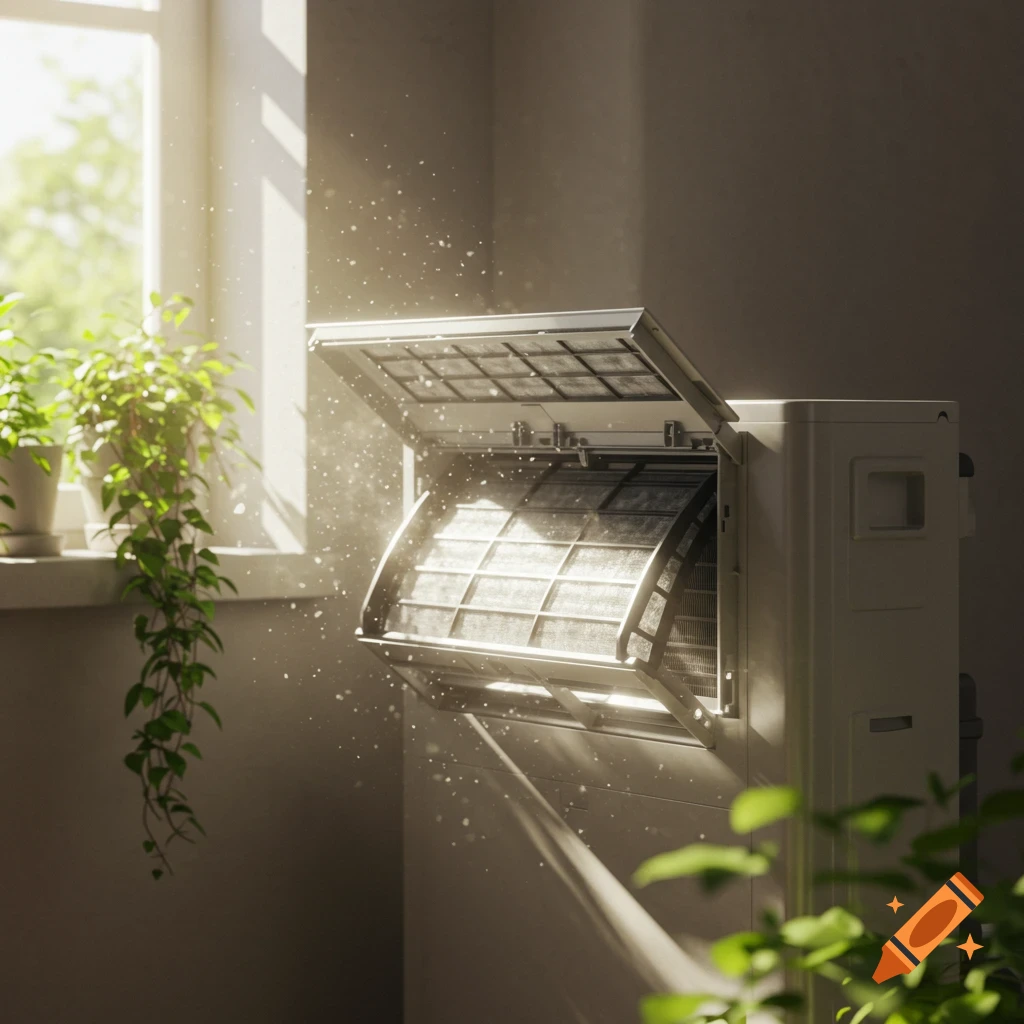 An open air conditioner unit reveals a dirty filter, illuminated by sunlight streaming through a window.