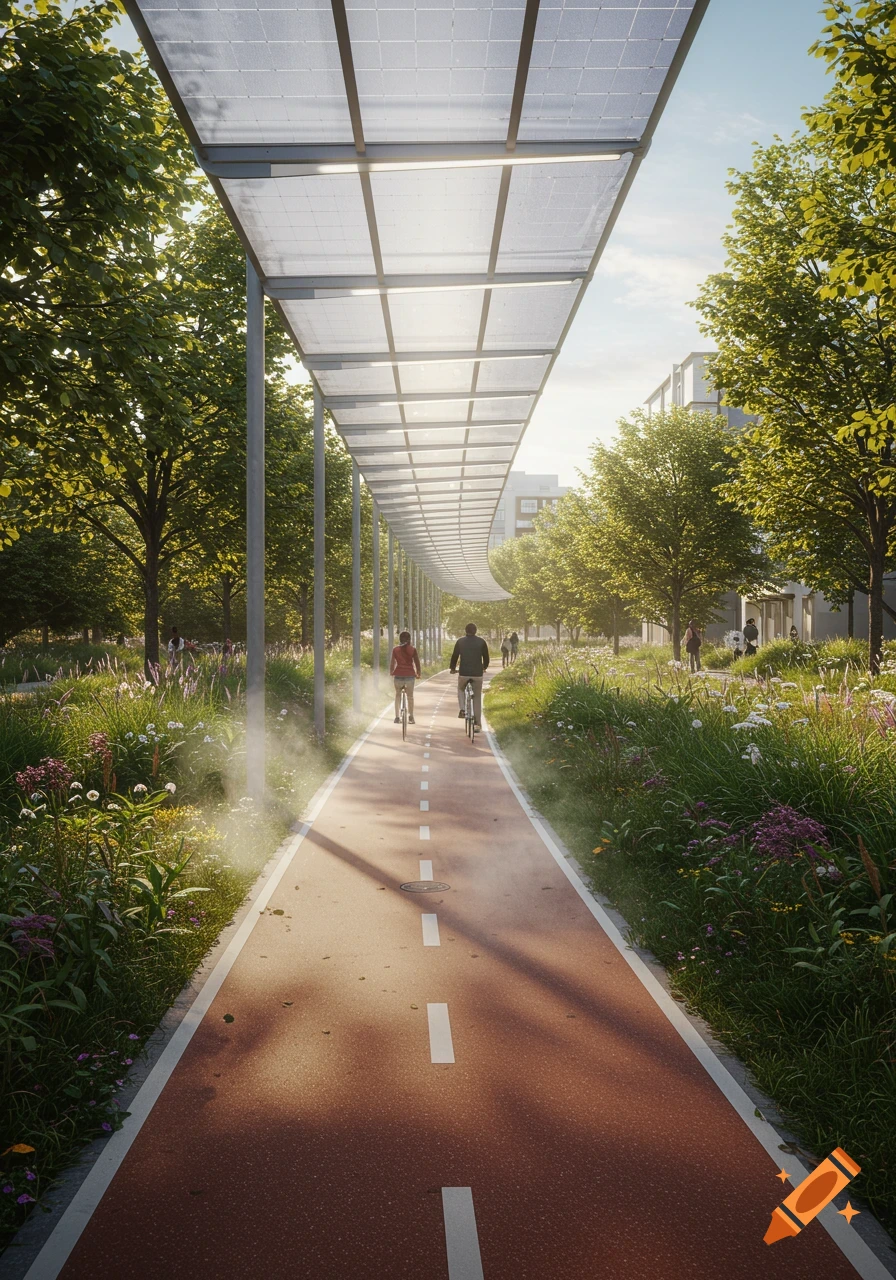 Photorealistic image of a tree-lined bike path with a solar panel canopy, and two people cycling.