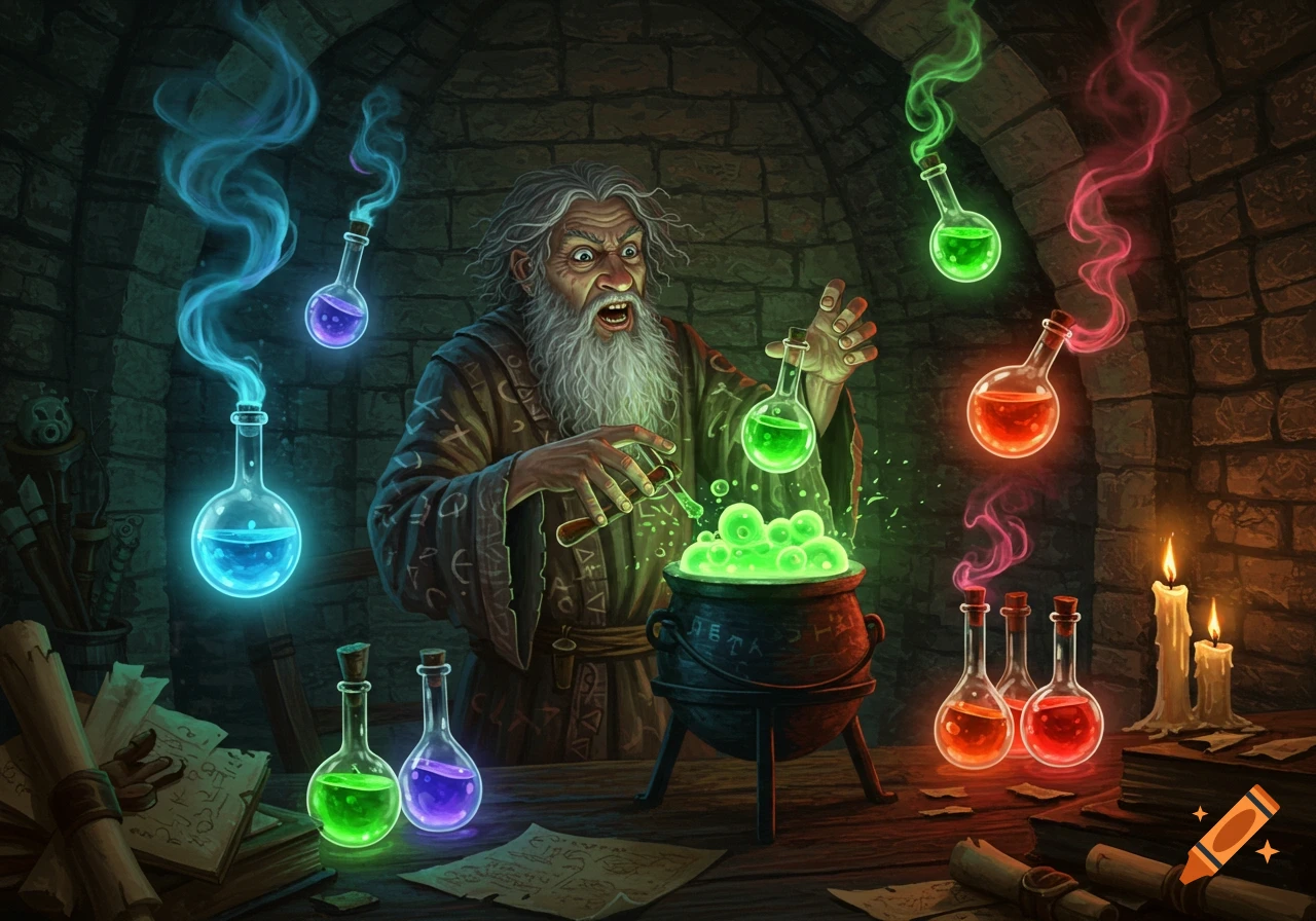 A wild-eyed wizard with a long white beard mixes glowing green potions in a cauldron in a dark stone dungeon, surrounded by magical vials and scrolls.