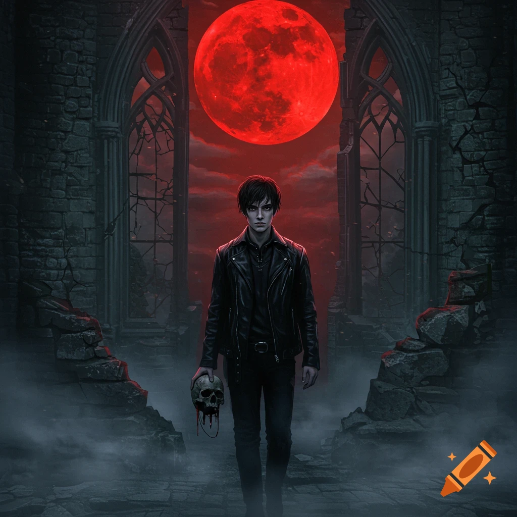 A young man in a leather jacket holds a bloody skull in a ruined gothic castle under a giant red moon, digital painting.