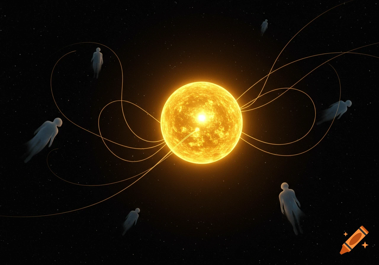 A glowing golden sphere in dark space with ghostly, semi-transparent figures connected by faint golden lines.