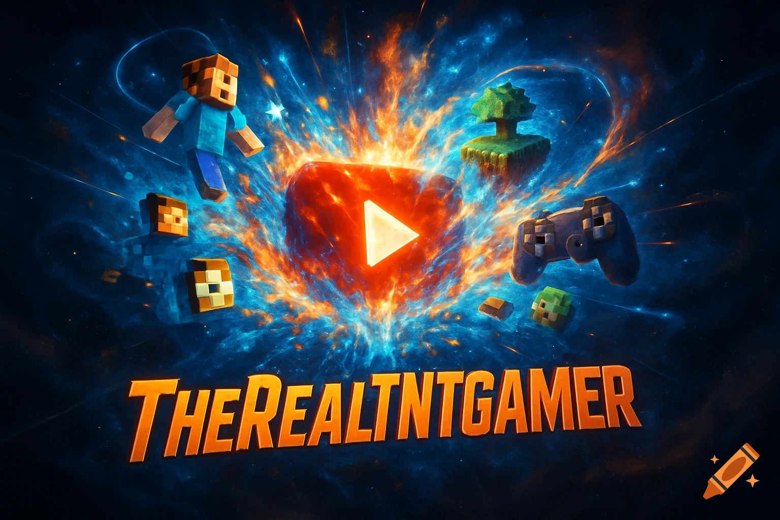 A vibrant digital art image featuring a Minecraft character, controller, and YouTube play button against a cosmic explosion background with text 'TheRealTNTGAMER'.