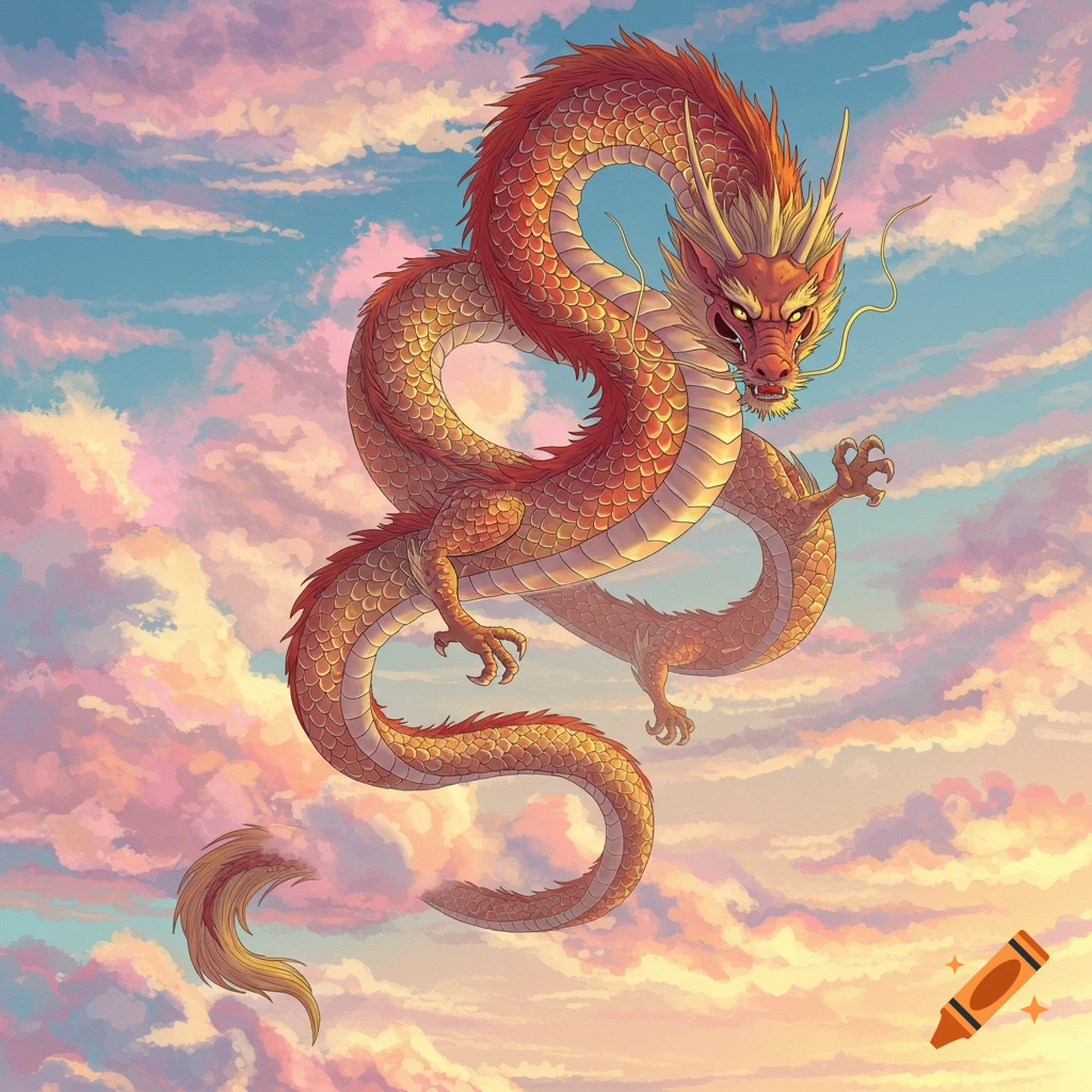 A red and gold Japanese dragon with large claws flies through a sky filled with pink and orange painterly clouds.