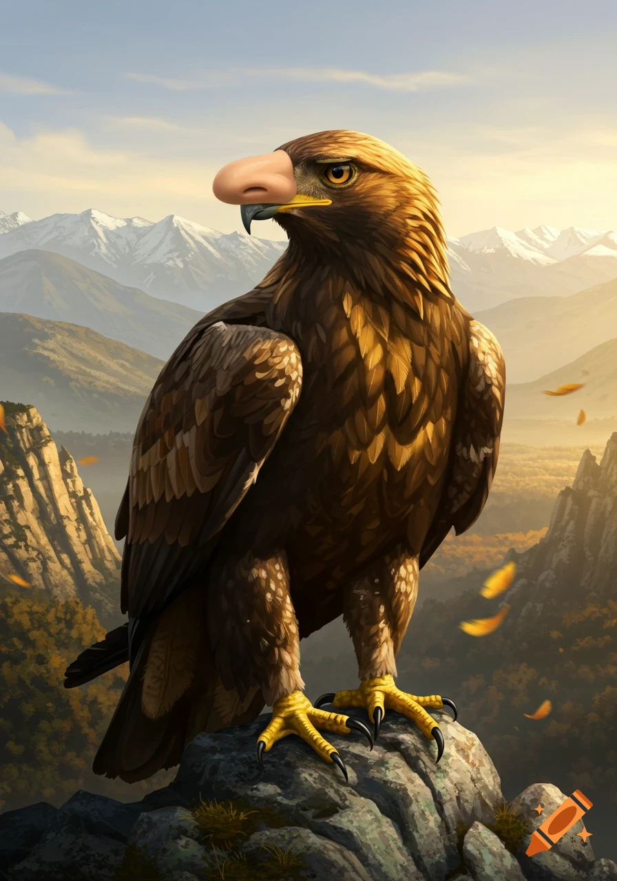 A golden eagle with a human nose perched on a rock, with mountains and an orange sky in the background.